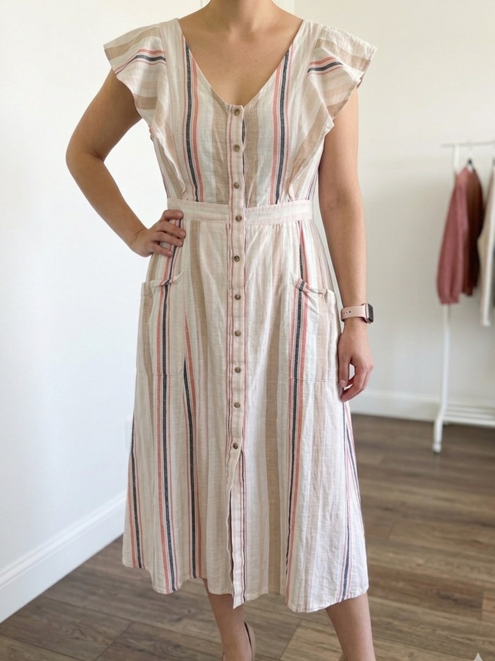 june & hudson Cream Midi Dress with Pink and Blue Stripes
